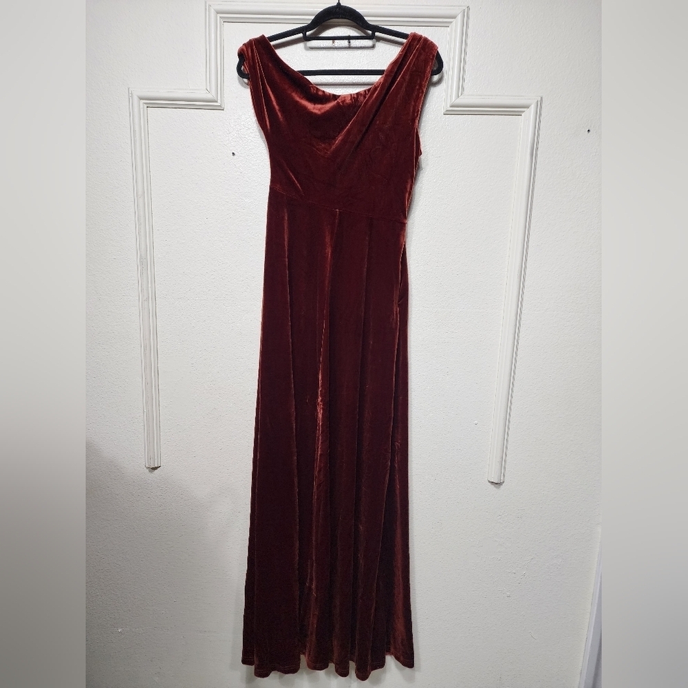 Lulus Coveted Confidence Rust Orange Velvet Asymmetrical Maxi Dress M Wedding - Picture 8 of 9